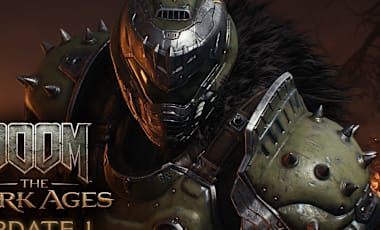 Image of the DOOM Slayer standing proudly with the DOOM: The Dark Ages logos over top of gold text, "Update 1" followed by white text in a red box, "Available Now".