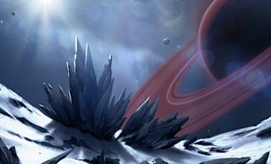 View of a red ringed planet from a rocky surface.