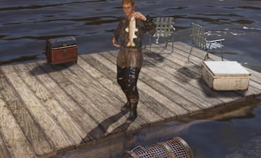A female character is standing on a dock, holding out a fish they just caught. On the dock are two chairs and a cooler. On the side of the dock is a netted trap used to catch fish.