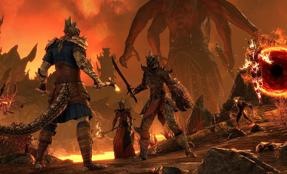 The Elder Scrolls Online screenshot featuring heroes preparing for battle against Mehrunes Dagon