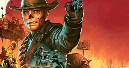 The Ghoul stands with his gun aimed above a Burning Springs collage