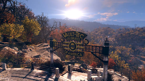 Sign that says "Vault-Tec Celebrated 300 Years of America" in front of a sunny view of the Appalachian wilderness