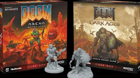 DOOM Arena Board Game's two versions: one based on DOOM (1993) and one based on DOOM: The Dark Ages with their own DOOM Slayer miniature
