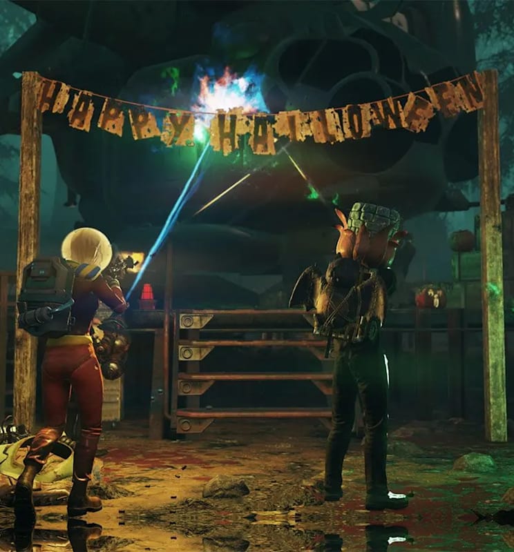 Two player characters fire upon a Vertibird underneath a "Happy Halloween" banner.