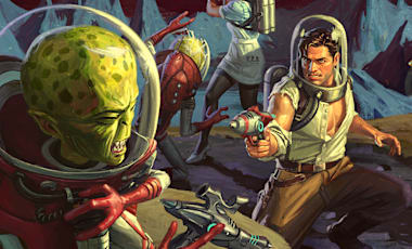 Artwork of Rip Daring battling aliens in space.