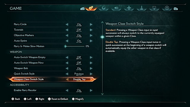 Image from DOOM: The Dark Ages in the Game Menu showcasing the new Weapon Class Switch Style submenu.