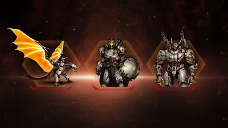 An armored dragon, The Slayer holding the Shield Saw, and the Atlan.