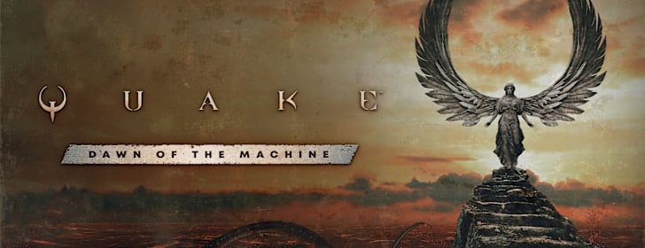 Key art for Dawn of the Machine, featuring an angelic statue forming the Quake "Q" symbol.