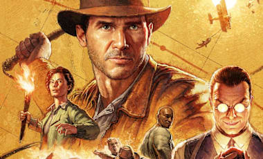 Key art for Indiana Jones and the Great Circle, showing Indiana Jones, Gina, Voss, and Locus over the backdrop of a map. There are also scenes depicting Indy punching an enemy with the pyramids of Gizeh in the background, and Indy dangling from a plane.