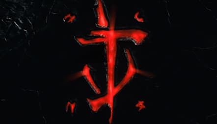 Image of the mark of the slayer in red on a dark slate background