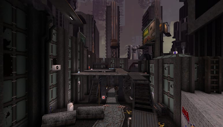 Outside of a warehouse in a state of decline.