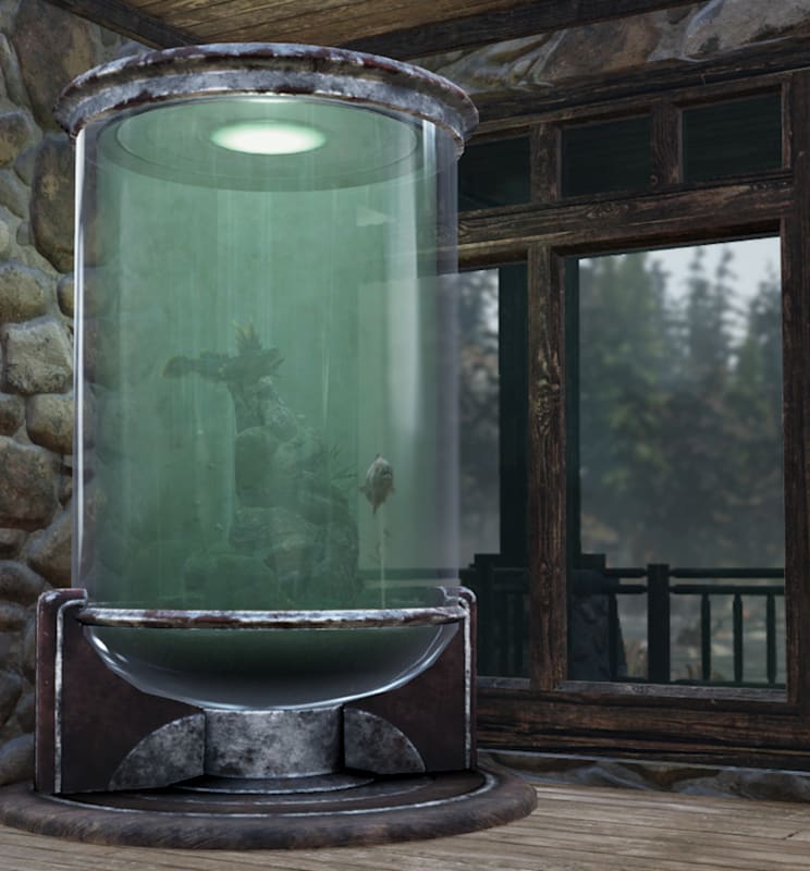 Large green-lit fish tank with a fish inside a rustic C.A.M.P., fishing lures on a shelf and forest visible through the window.