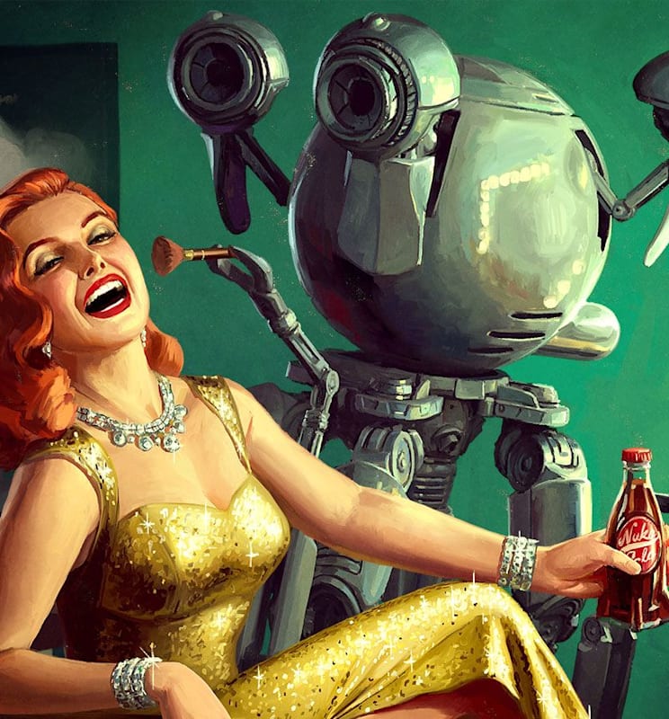 A Fallout-style art piece featuring a glamorous old Hollywood starlet in a gold sequin dress. She's holding a Nuka Cola and sitting in front of a mirror while a Mister Handy robot does her makeup.