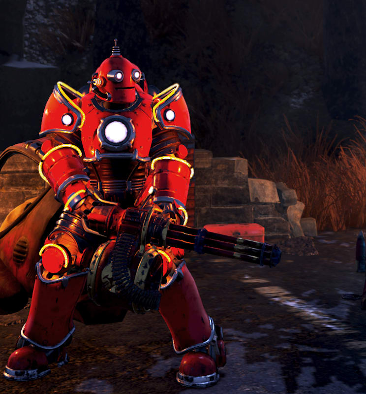 A character wearing power armor in the bright red Red Rocket Robot style.