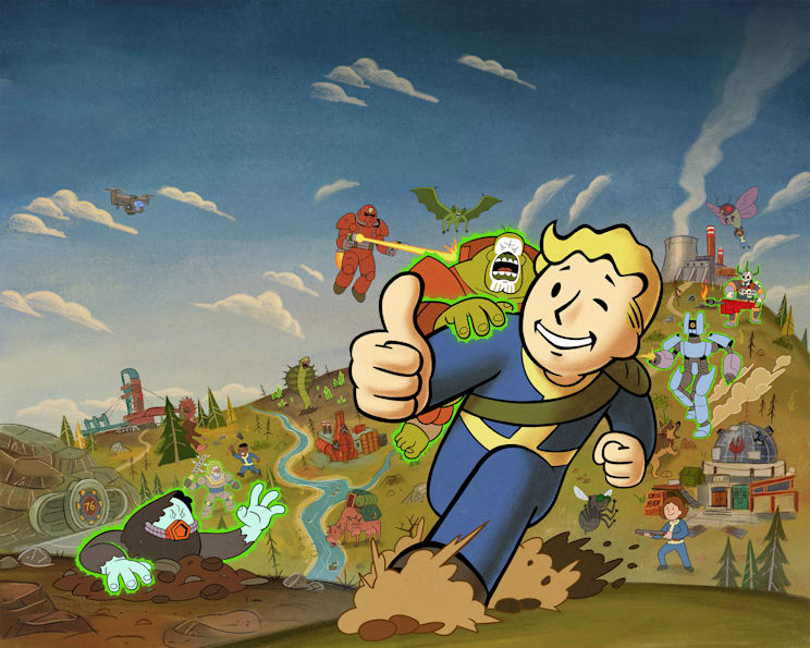 Fallout 76 Infestation keyart featuring a giant Vault Boy being pursued by small enemies