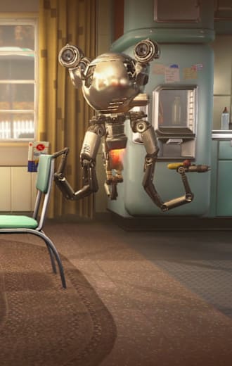 Bir Deathclaw, pençelerini çıkarmış halde, ıssız bir çorak arazide ileri atılıyor.