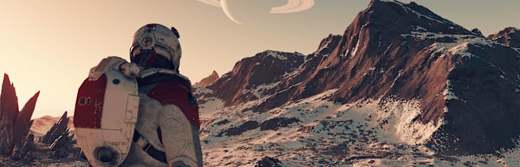 A Starfield captain looks out over a snowy planet. A planet with rings hangs in the sky above.