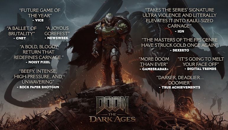 Graphic featuring key art of the DOOM Slayer amidst glowing preview quotes from outlets.