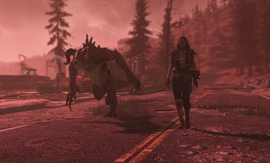 An image of a Ghoul and their Deathclaw walking down a road. 