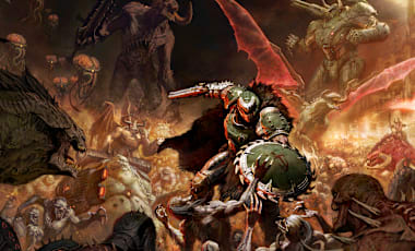Key art of the DOOM Slayer battling hordes of demons
