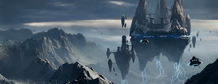 The Sentinel Command Station hovers over windswept mountain peaks.