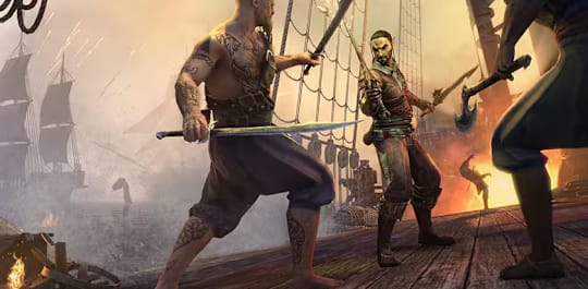 Two characters from The Elder Scrolls Online prepare to battle on a ship that's under attack.