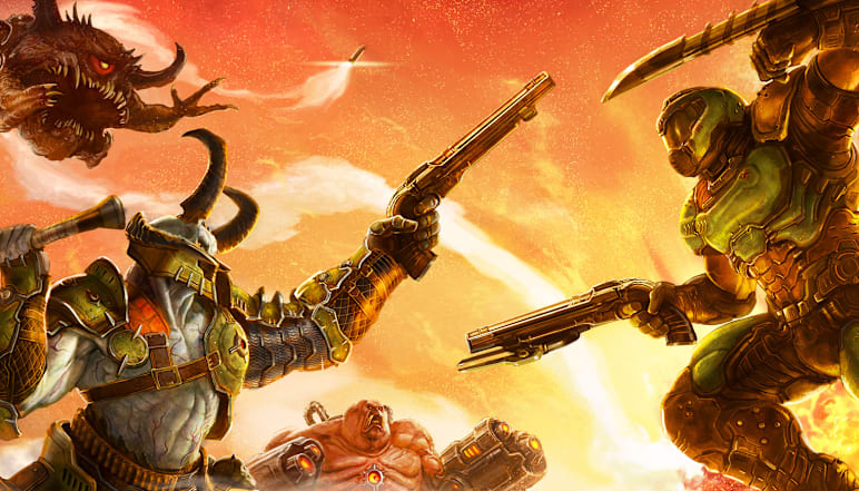 The DOOM Slayer faces off against two demons in intense combat