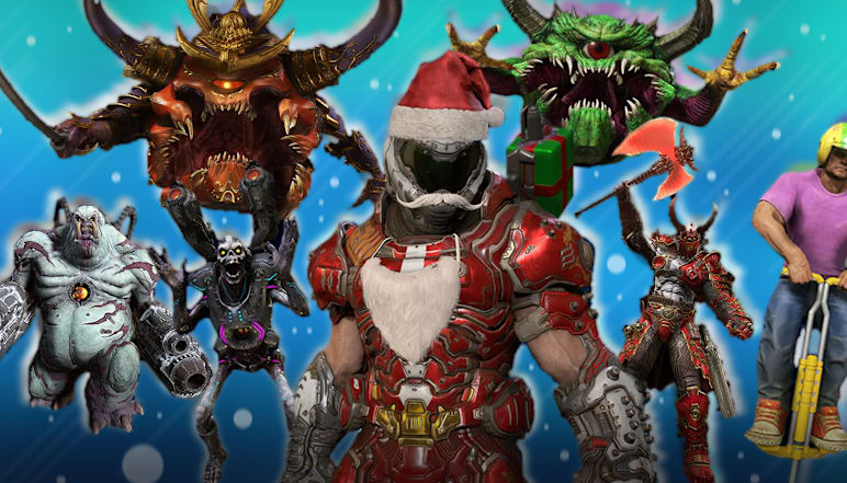 Collage of DOOM Eternal winter themed in-game skins 