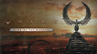 Key art for Dawn of the Machine, featuring an angelic statue forming the Quake "Q" symbol.