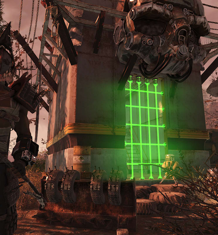 A character wearing the Sawtooth outfit and mask, with the Skull Tower and Door behind them.