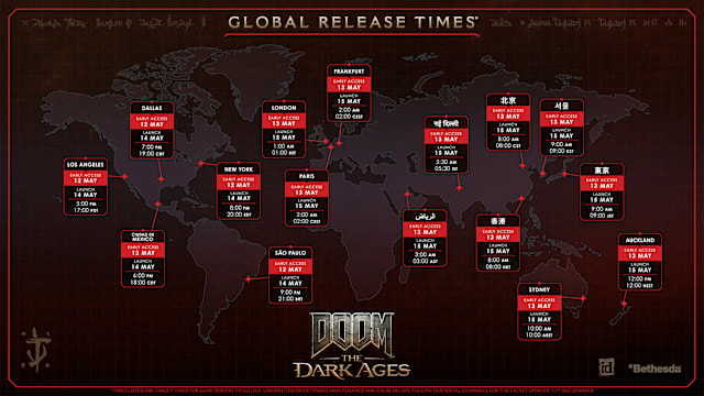 A global map projection listing the times for Early Access and Launch for the game, labeled by region and timezone.