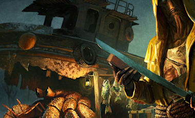 A fisherman sharpening their knife in front of their fishing boat.