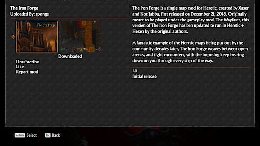In-game mod selection menu