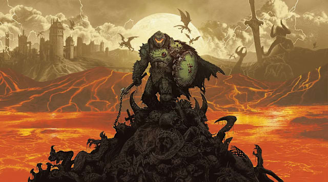 The Slayer standing on a mountain of demon corpses as lava flows in the background. 