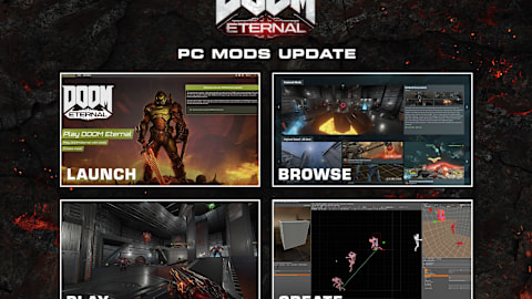 Image of DOOM Eternal PC Mods Updates showing four squares: Launch, Browse, Play, and Create.