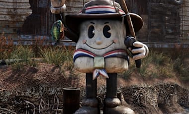 A weathered statue of a smiling Marshal Mallow sits on a dock