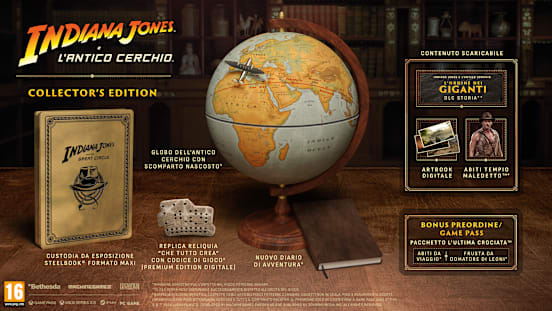 Illustrazione della Collector's Edition che mostra la replica della reliquia "Che tutto crea", il globo dell'antico Cerchio,
il diario delle nuove avventure,
la custodia SteelBook formato maxi, il DLC L'Ordine dei Giganti, l'artbook digitale e gli abiti Tempio maledetto.