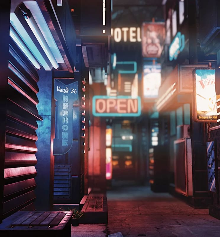 Fallout 76 alleyway at night with neon signs like ‘NO VACANCY’ and ‘OPEN,’ creating a cyberpunk-style atmosphere.