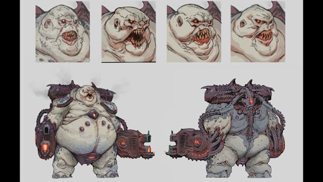 Concept artwork of the Mancubus with bonus closeups of its facial expressions.