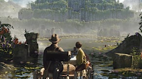 Indiana Jones and Gina ride a boat through the jungle towards a temple in Sukhothai that's overgrown with vegetation.