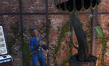 Character in a vault suit standing in front of a brick wall covered in vines. There's an apothecary machine and Spore Plant Bed