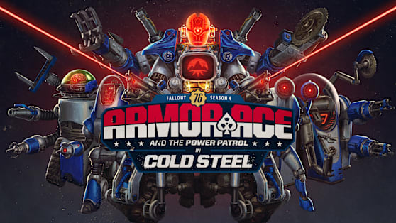 Fallout 76 Season 4 promotional art showing a large blue combat robot flanked by smaller armed robots, with red laser beams and the “Armor Ace and the Power Patrol in Cold Steel” logo in the center.