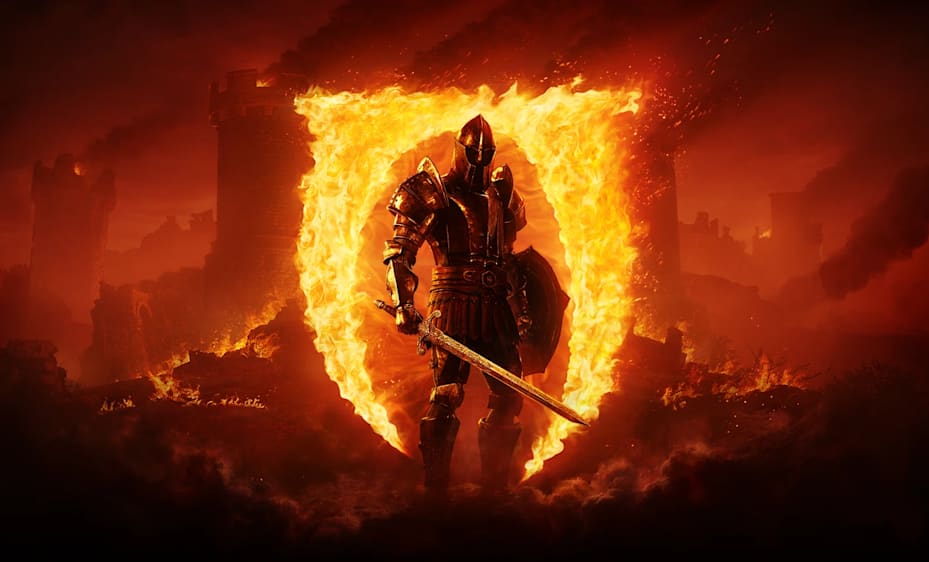 An armored knight standing in front of the flaming Oblivion logo