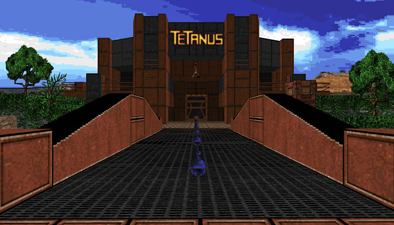 The Tetanus logo glows above a large building. In the distance, the remains of some poor soul can be seen.