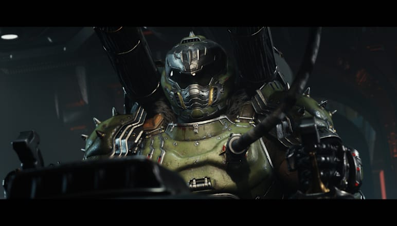 The Doom Slayer inside the Atlan cockpit, a heavy scene that shows why a 30 FPS lock matters on Steam Deck