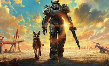 Fallout 4's Sole Survivor in Power Armor and Dogmeat walk through the Commonwealth