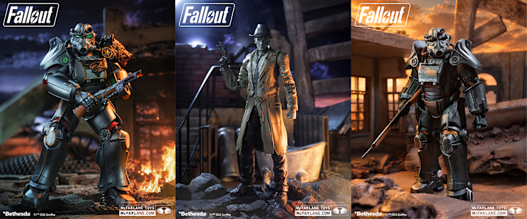 Three McFarlane Toys figures - one of Nick Valentine and two Power Armor variants.