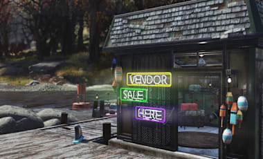 Fishing shack on a wooden dock in Fallout 76, with neon signs and autumn trees in the background