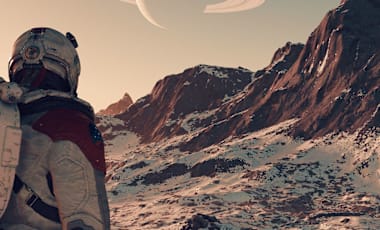 A Starfield captain looks out over a snowy planet. A planet with rings hangs in the sky above.