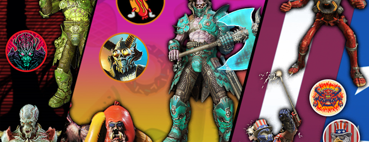 Collage of DOOM Eternal summer themed in-game skins 